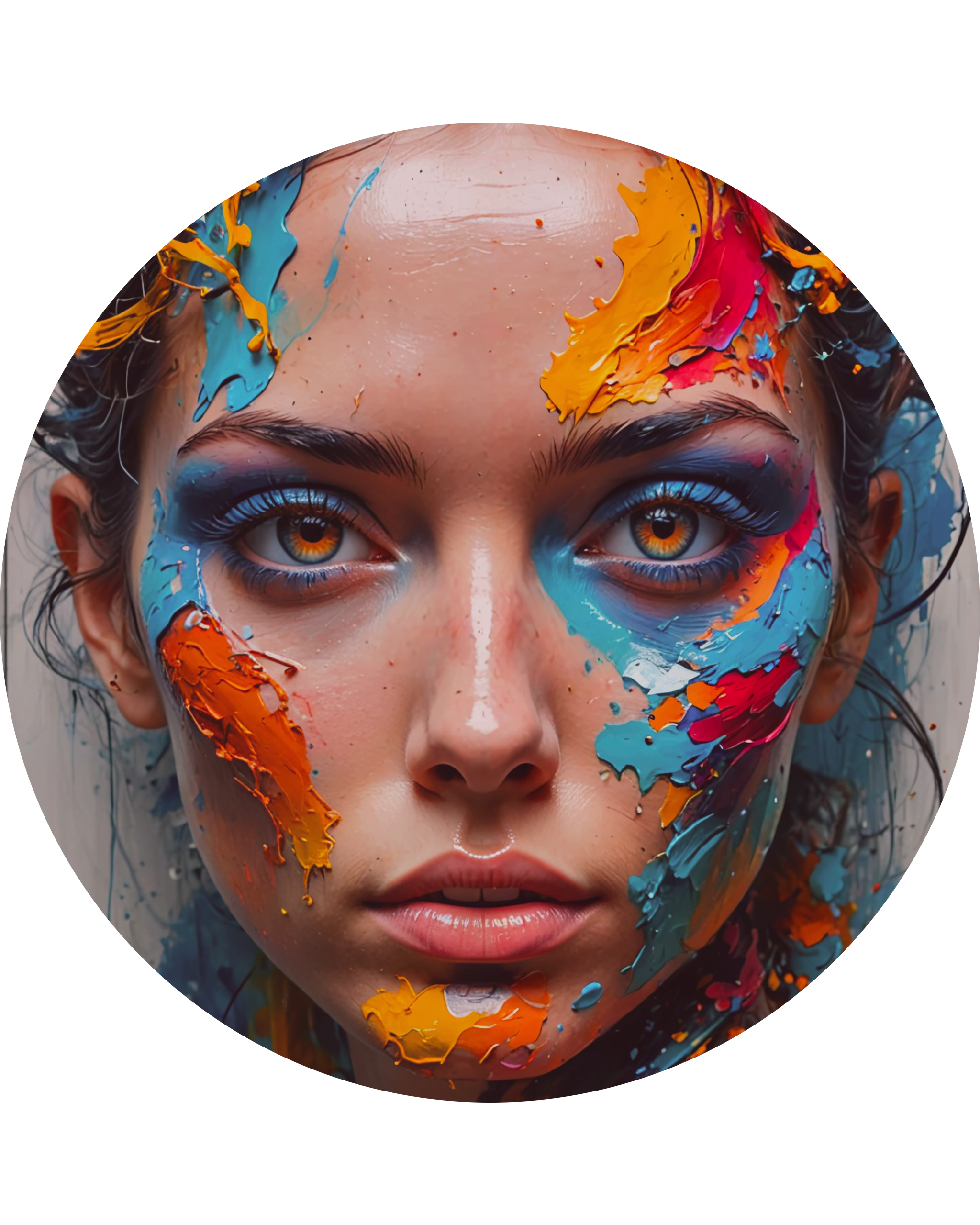 Face of a woman covered in colourful paint