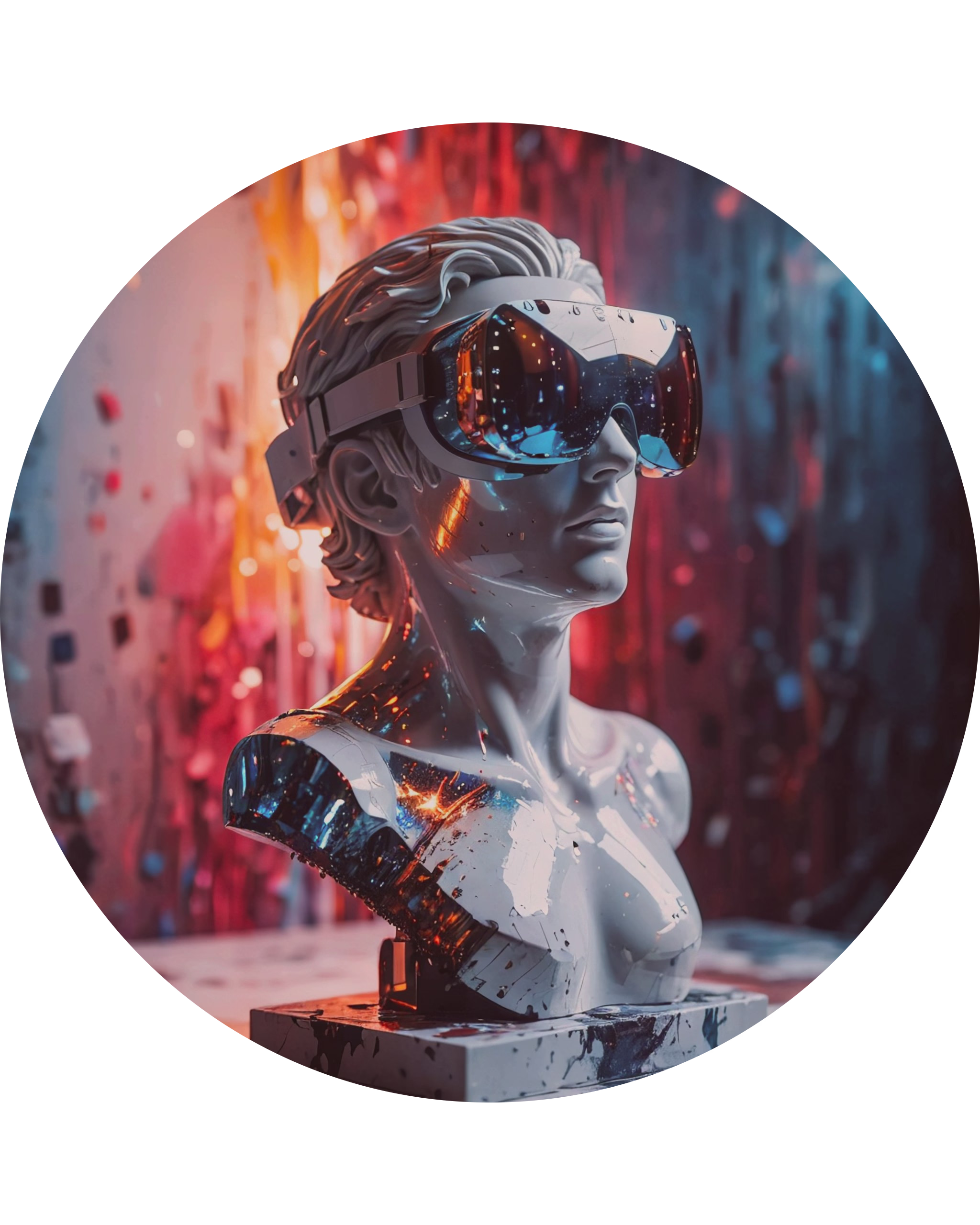 Sculpture with metaglasses in a gallery with colourful background