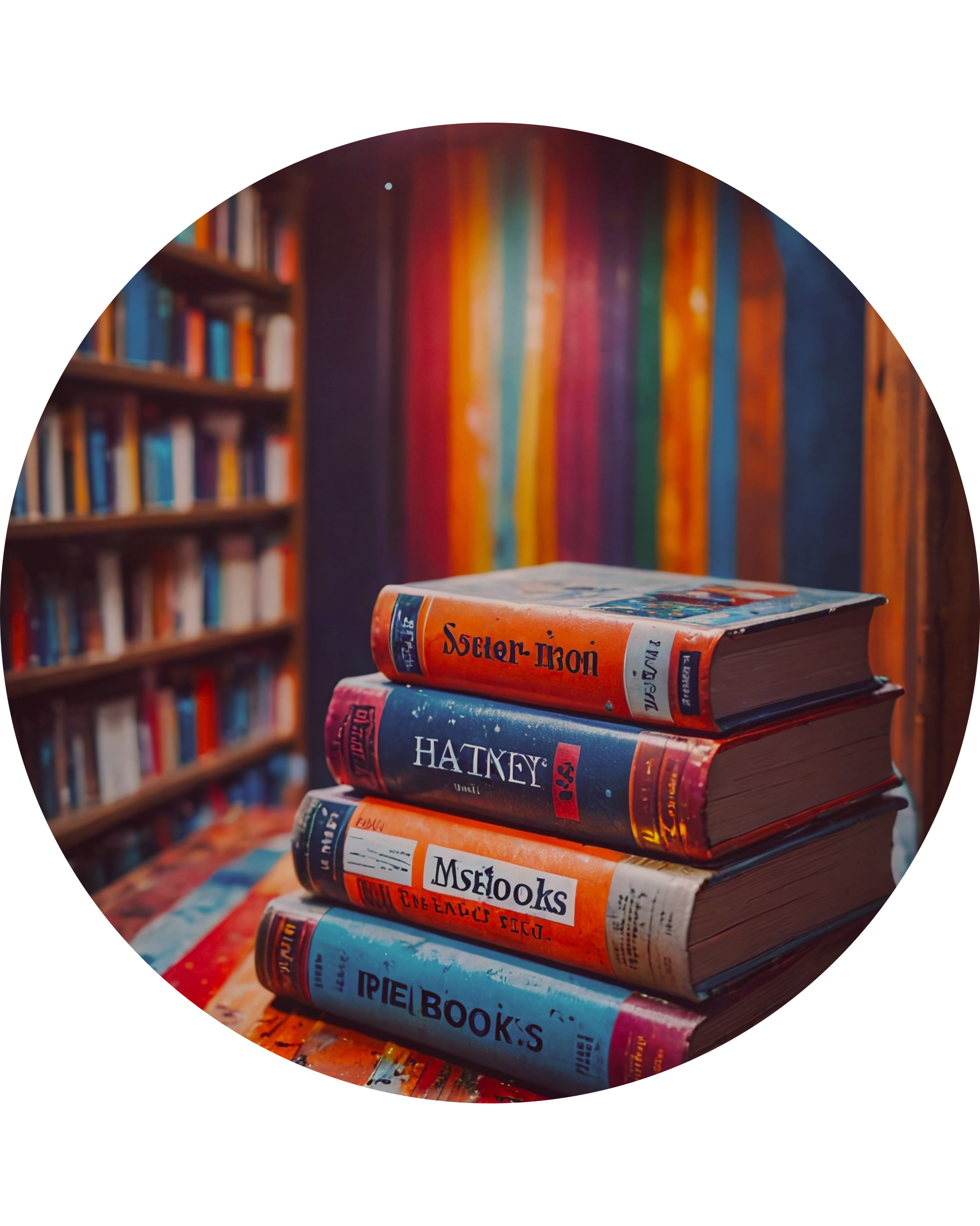 Colourful library with stack of books