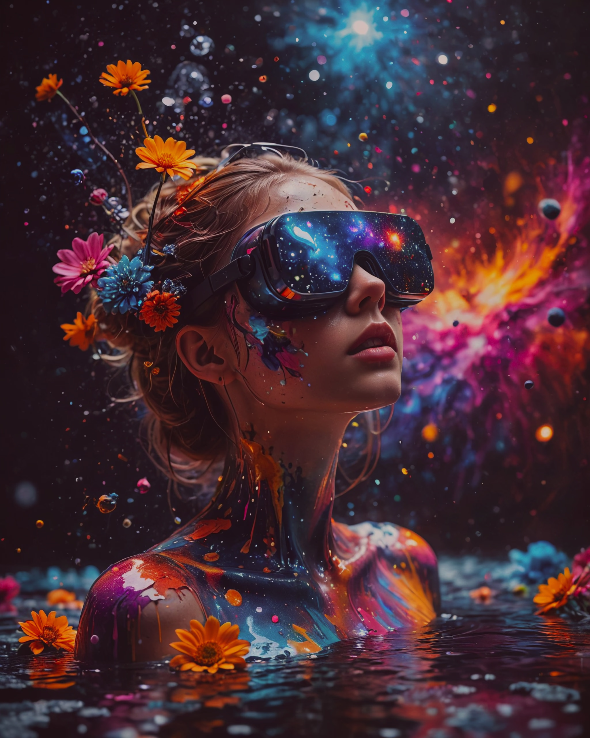 Woman with metaglasses immersed in virtual reality covered in colourful paint