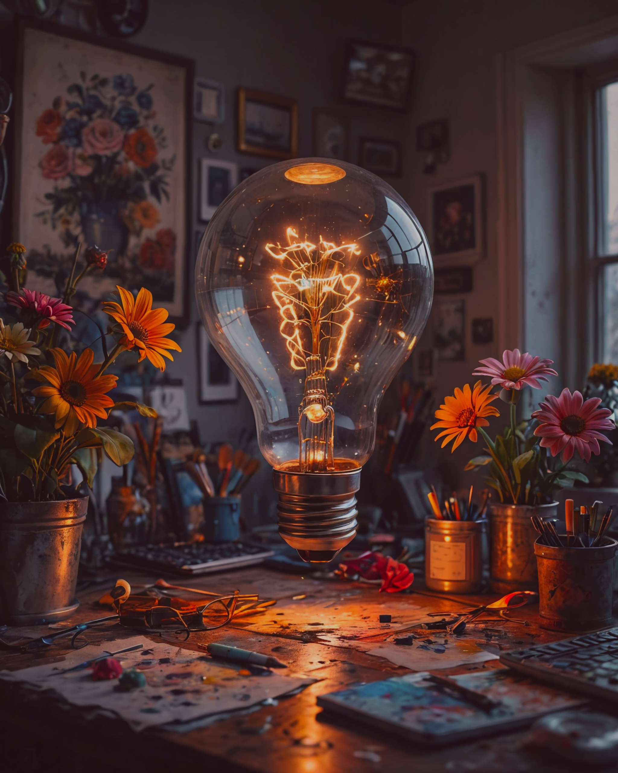 Large lightbulb hovering over a table with flowers in an art room