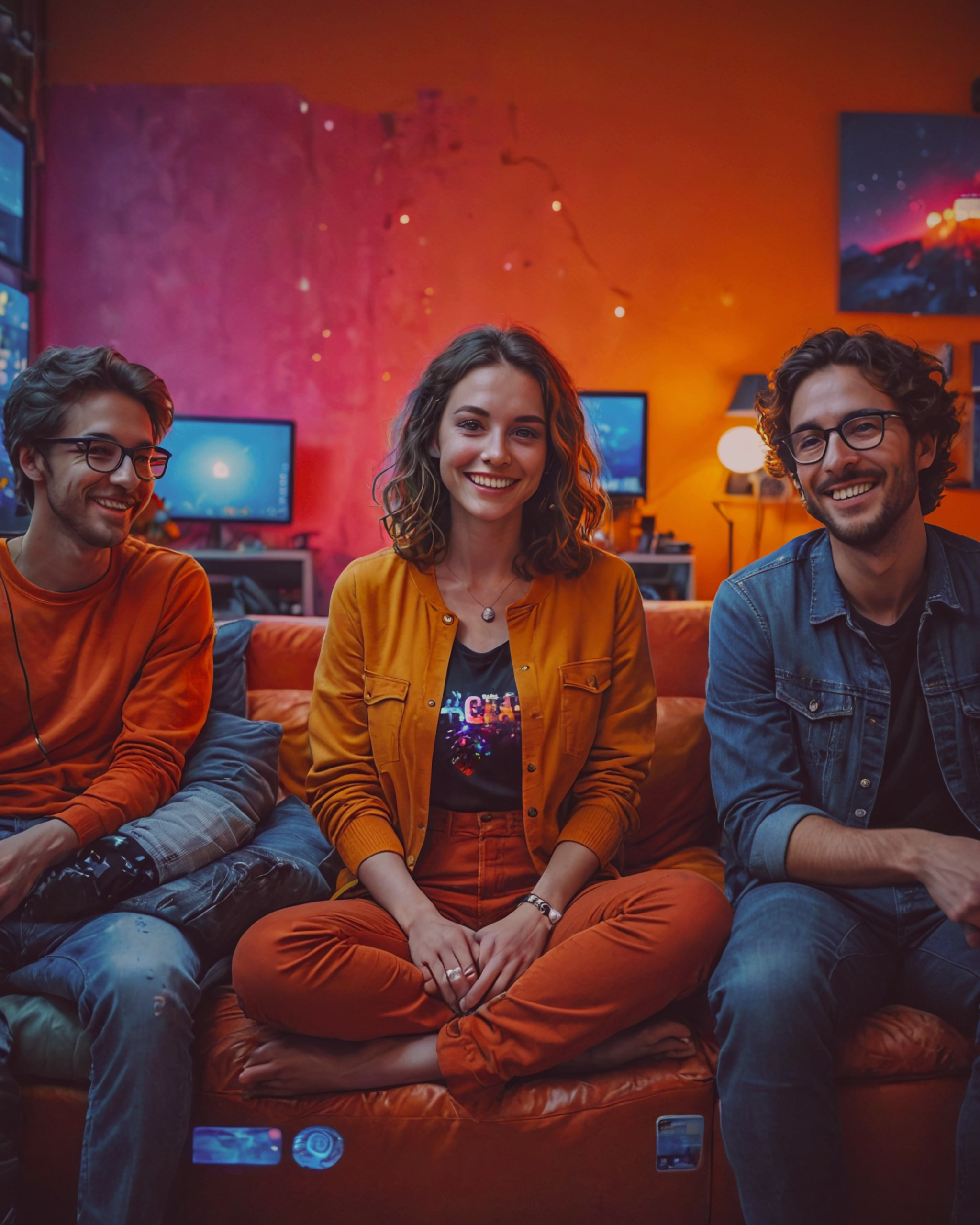 Three people sitting on a sofa in an orange room