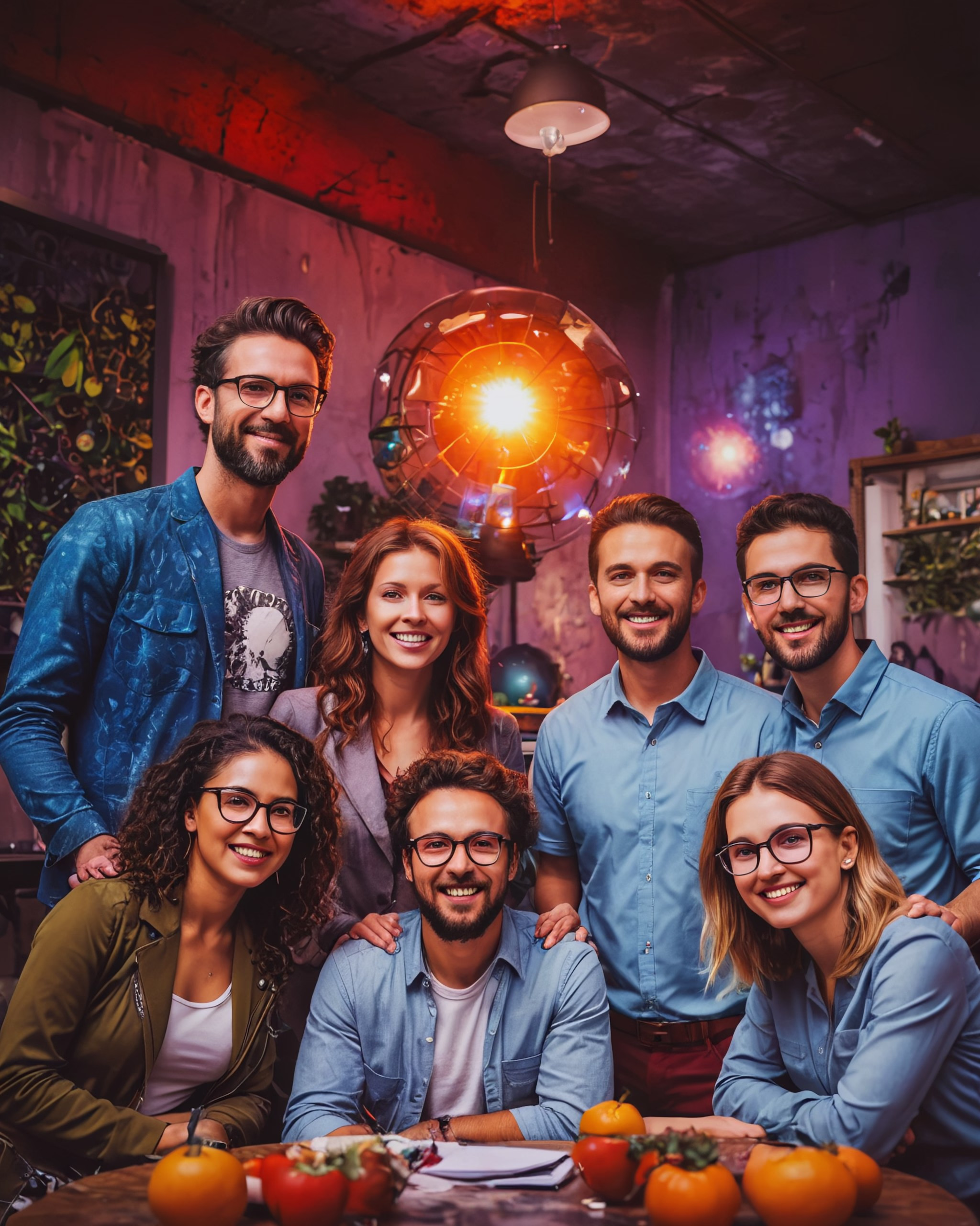 Group of creative people in a purple room with orange light